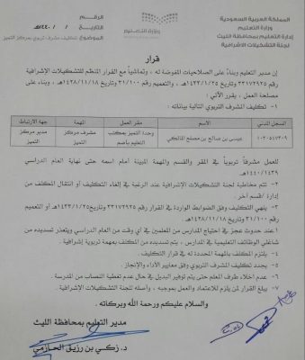 مدير تعليم الليث يكلف “المالكي” مشرفاً بمركز التميز بتعليم أضم