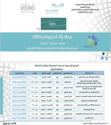 تعليم الرياض يطلق مبادرة “تدريبنا يصلك” لمشرفات ورائدات النشاط