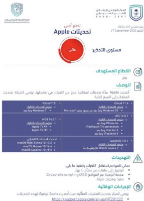 الأمن السيبراني يُطلق تحذيراً عالي الخطورة من ثغرات في منتجات آبل