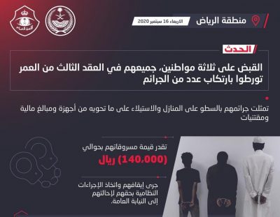 شرطة الرياض : القبض على 3 أشخاص تورطوا بالسطو على المنازل
