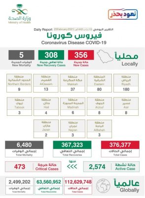تسجيل 356 إصابة جديدة بفيروس كورونا وشفاء 308 ووفاة 5 حالات