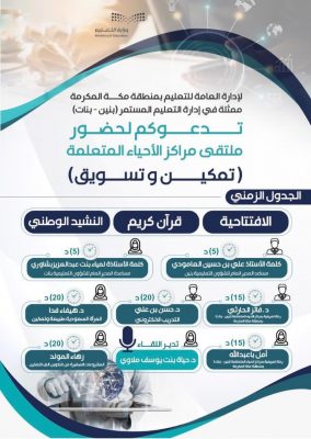 “تمكين وتسويق” ملتقى مراكز الأحياء المتعلمة تعقده إدارة التعليم المستمر بتعليم مكة تعقد