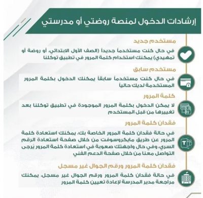 التعليم تتيح للمستجدين التعرف على كلمة المرور في مدرستي وروضتي عبر توكلنا.