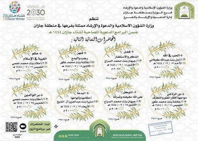 الشؤون الإسلامية بجازان تطلق النسخة الثانية من محاضراتها النسائية للبرنامج الدعوي المصاحب لشتاء جازان ” انتماء”
