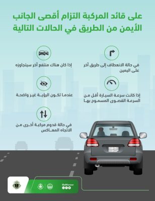 المرور يستعرض الحالات التي تُلزم قائد المركبة الجانب الأيمن للطريق..